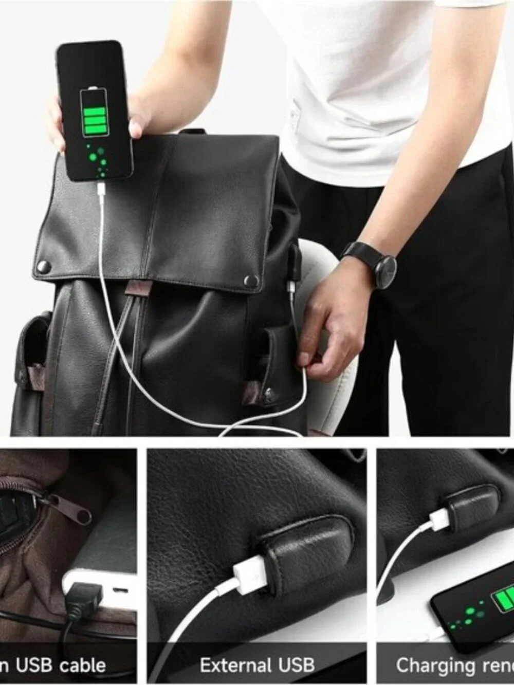 Men's Black Vintage PU Leather Laptop Backpack Water Resistant USB 15.6